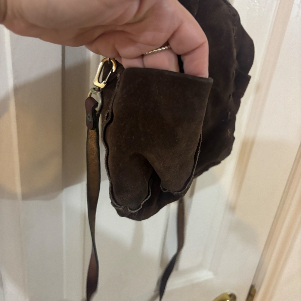 Vintage Brown Suede Leather Handbag with Embossed Top Handles - Picture 6 of 9